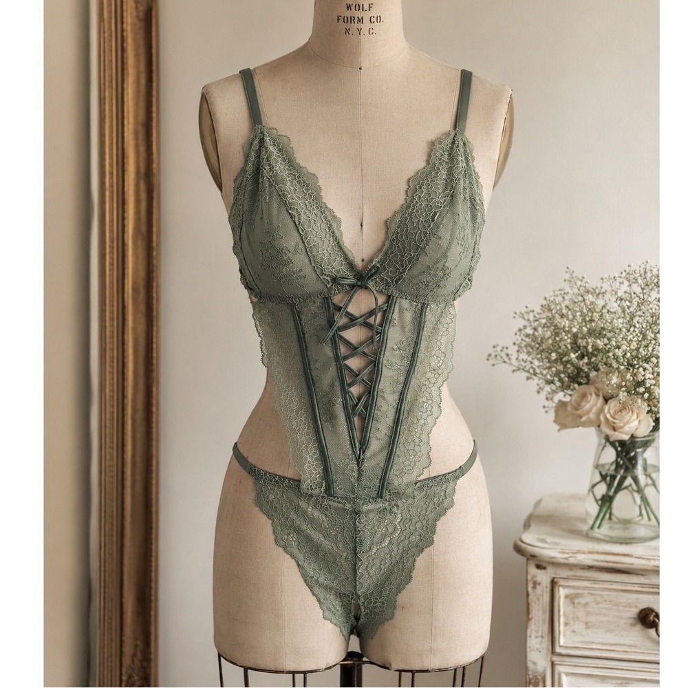 VICTORIA'S SECRET Lace Up Teddy Bodysuit Lingerie One Piece